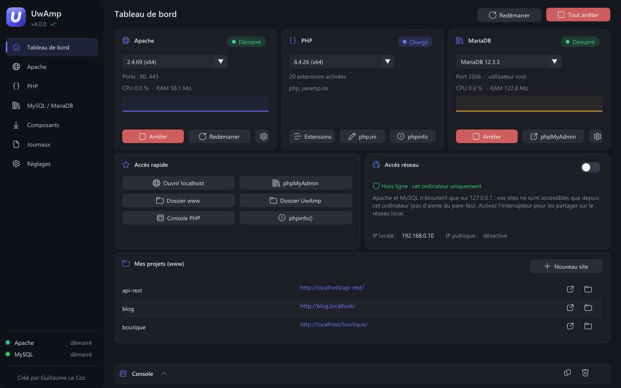 Tableau de bord d'UwAmp : Apache, PHP et MariaDB démarrés